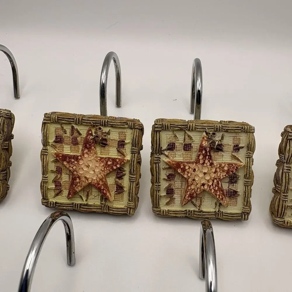VINTAGE QUILTED HEARTS & STARS SHOWER CURTAIN HOOKS SET OF 12